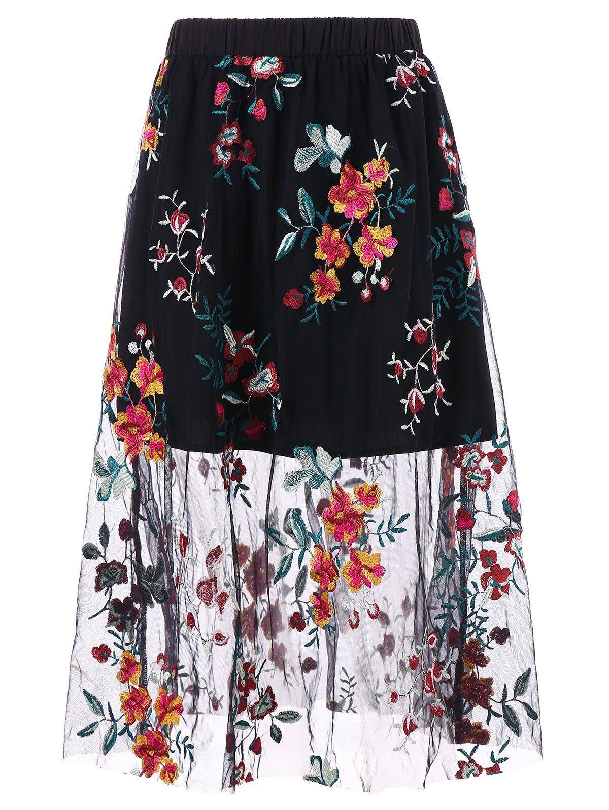 

High Waisted Floral Embroidery Mesh Midi Skirt, Black