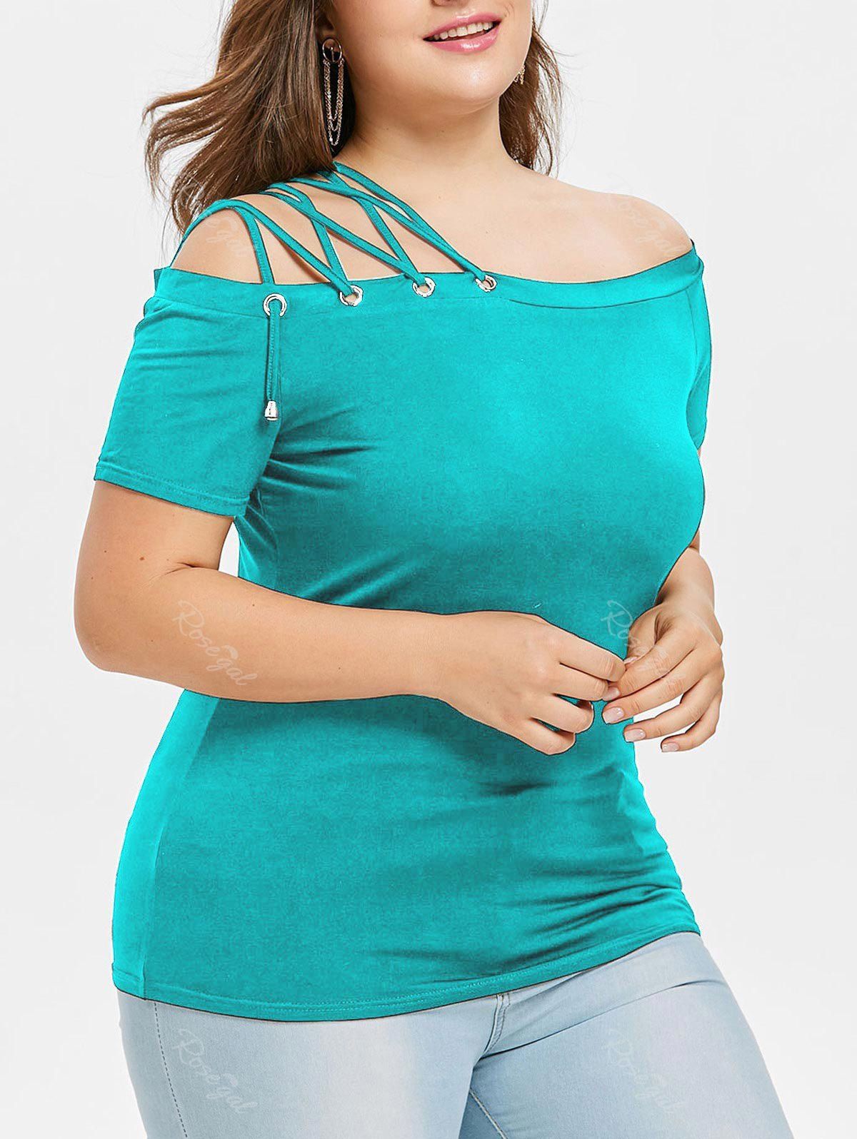 

Off Shoulder Lace Up Strappy Plus Size Tee, Cyan or aqua