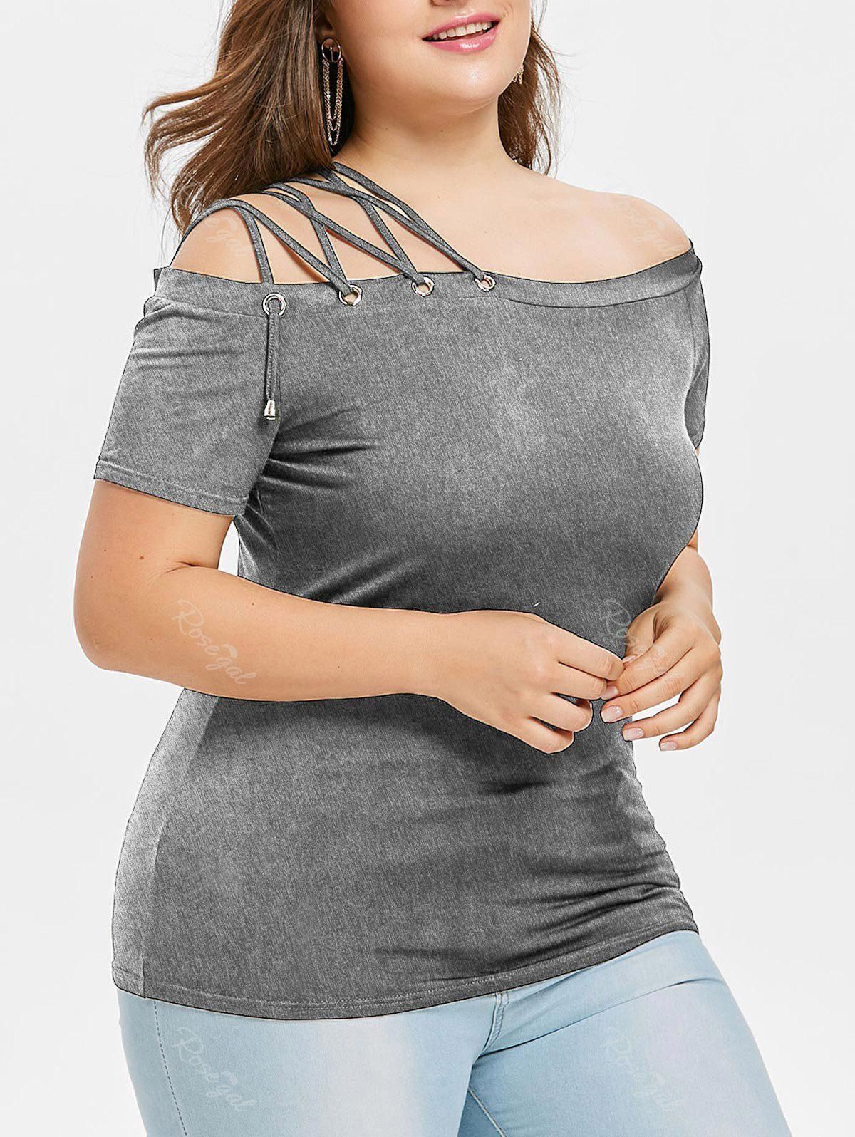 

Off Shoulder Lace Up Strappy Plus Size Tee, Gray