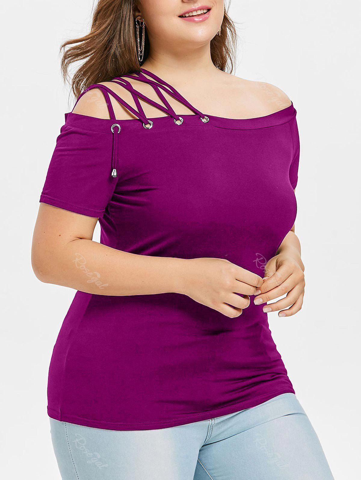 

Off Shoulder Lace Up Strappy Plus Size Tee, Purple