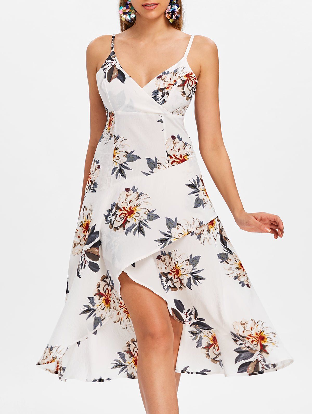

Spaghetti Strap Floral Print High Low Dress, Multi