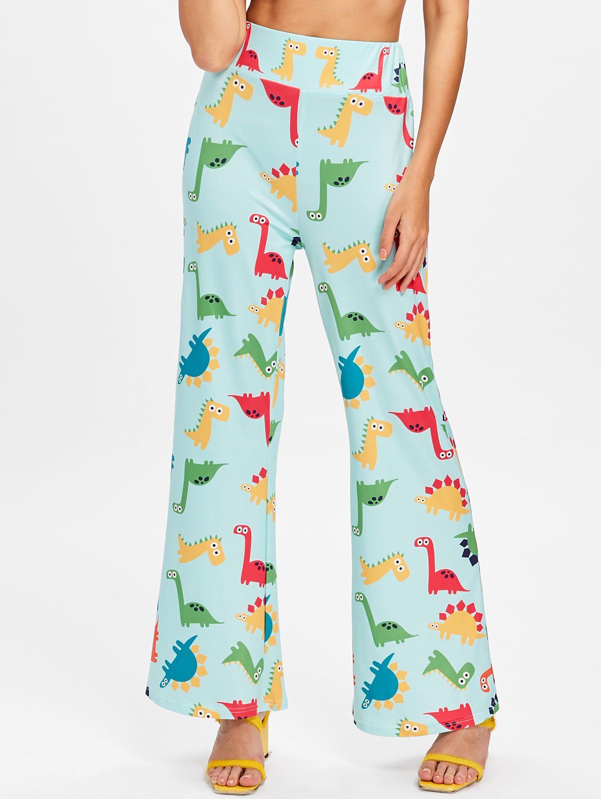 

High Waisted Cartoon Dinosaur Printed Pants, Multi