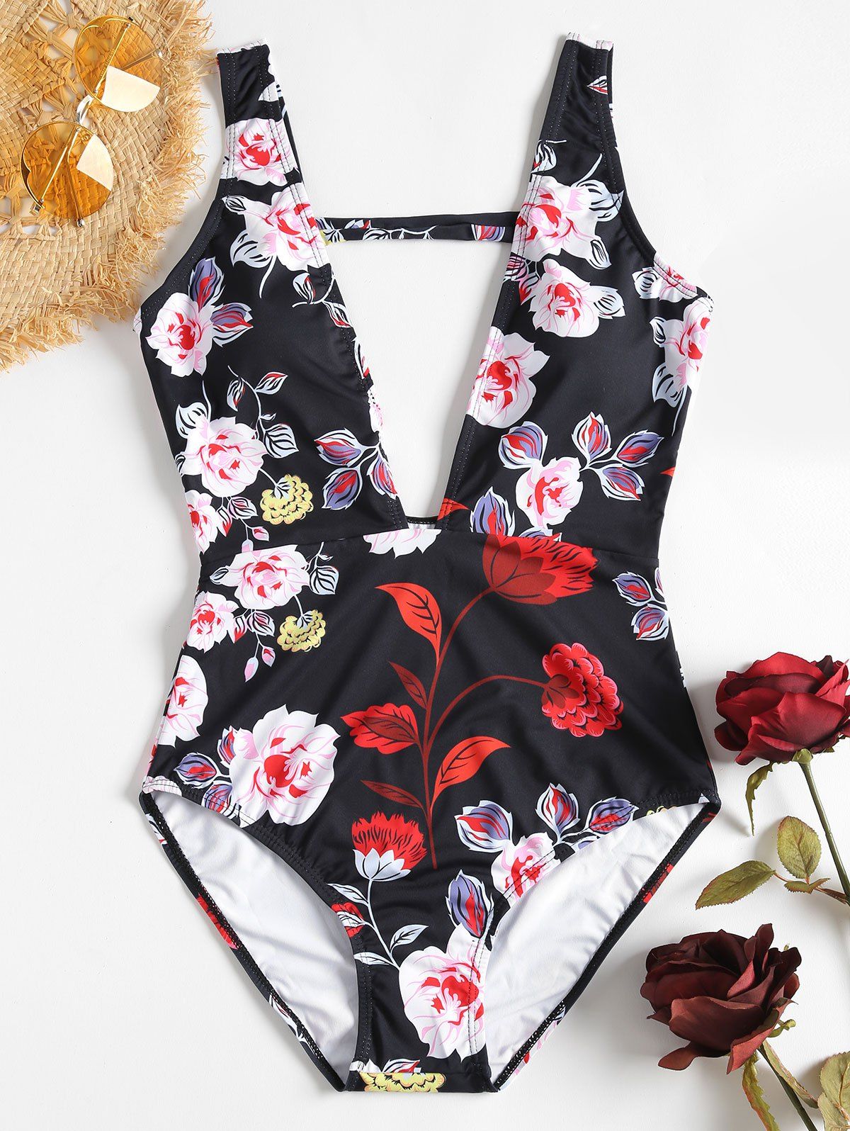 

Plunge Flower One Piece Swimsuit, Black