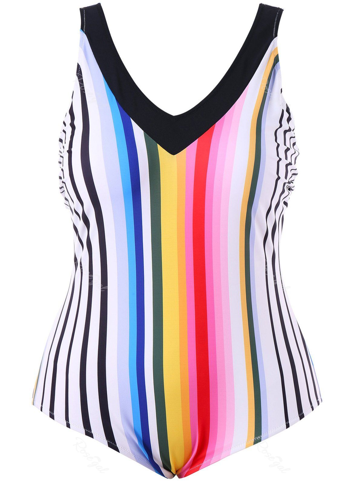 

Plus Size Rainbow Stripe One Piece Backless Swimwear, Colormix