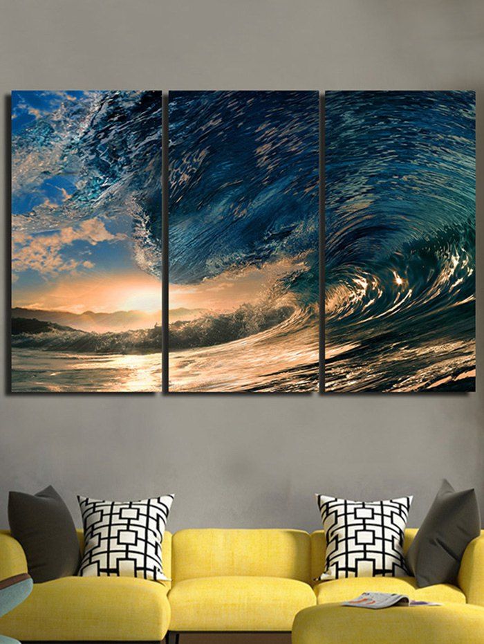 

Sunset Huge Sea Waves Printed Wall Art Canvas Paintings, Multi