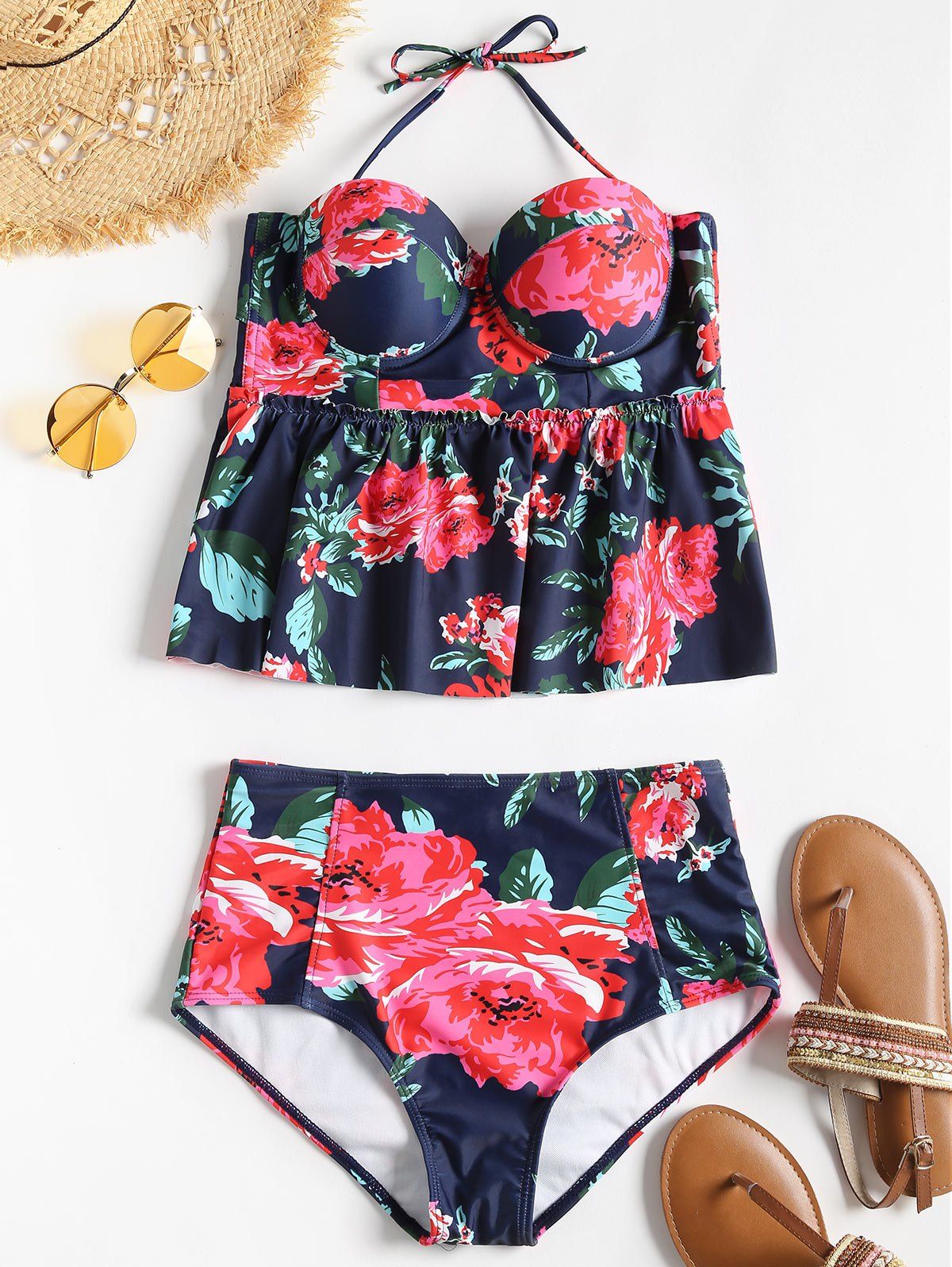 

Flower Peplum Bustier Tankini, Deep blue
