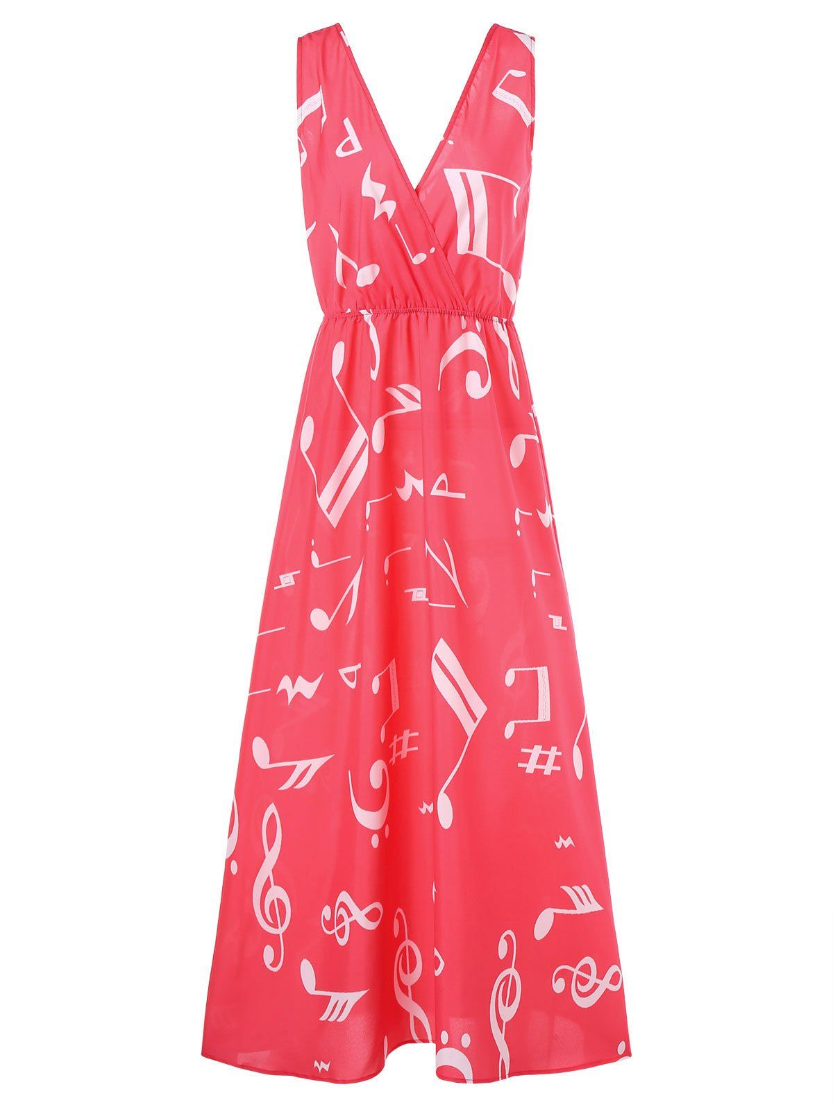 

Musical Notes Print Maxi Surplice Dress, Red