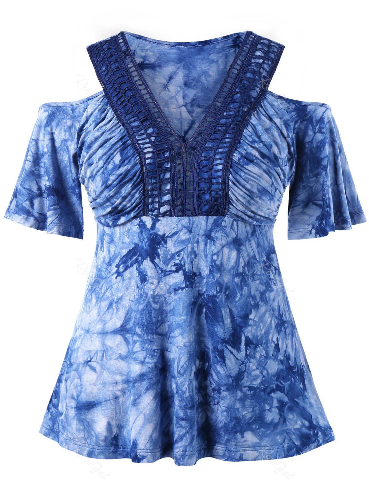 

Plus Size V-neck Open Shoulder T-shirt, Blue