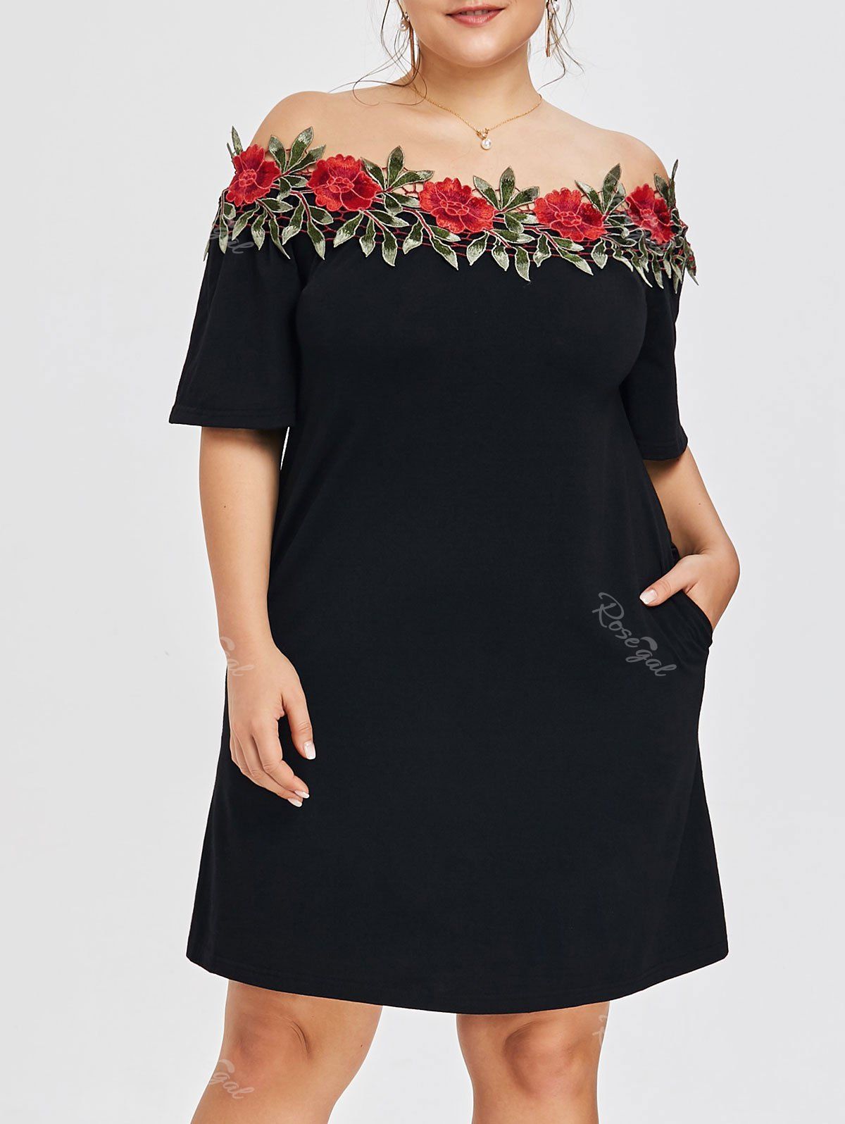 Fancy Plus Size Floral Embroidery Shift Dress  