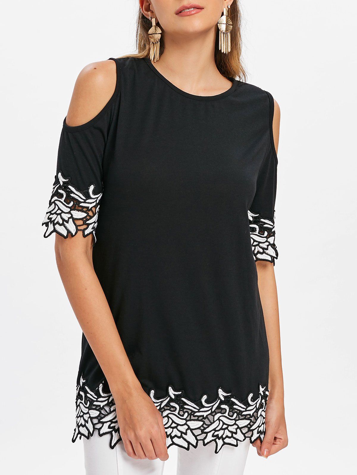 

Floral Embroidery Open Shoulder T-shirt, Black