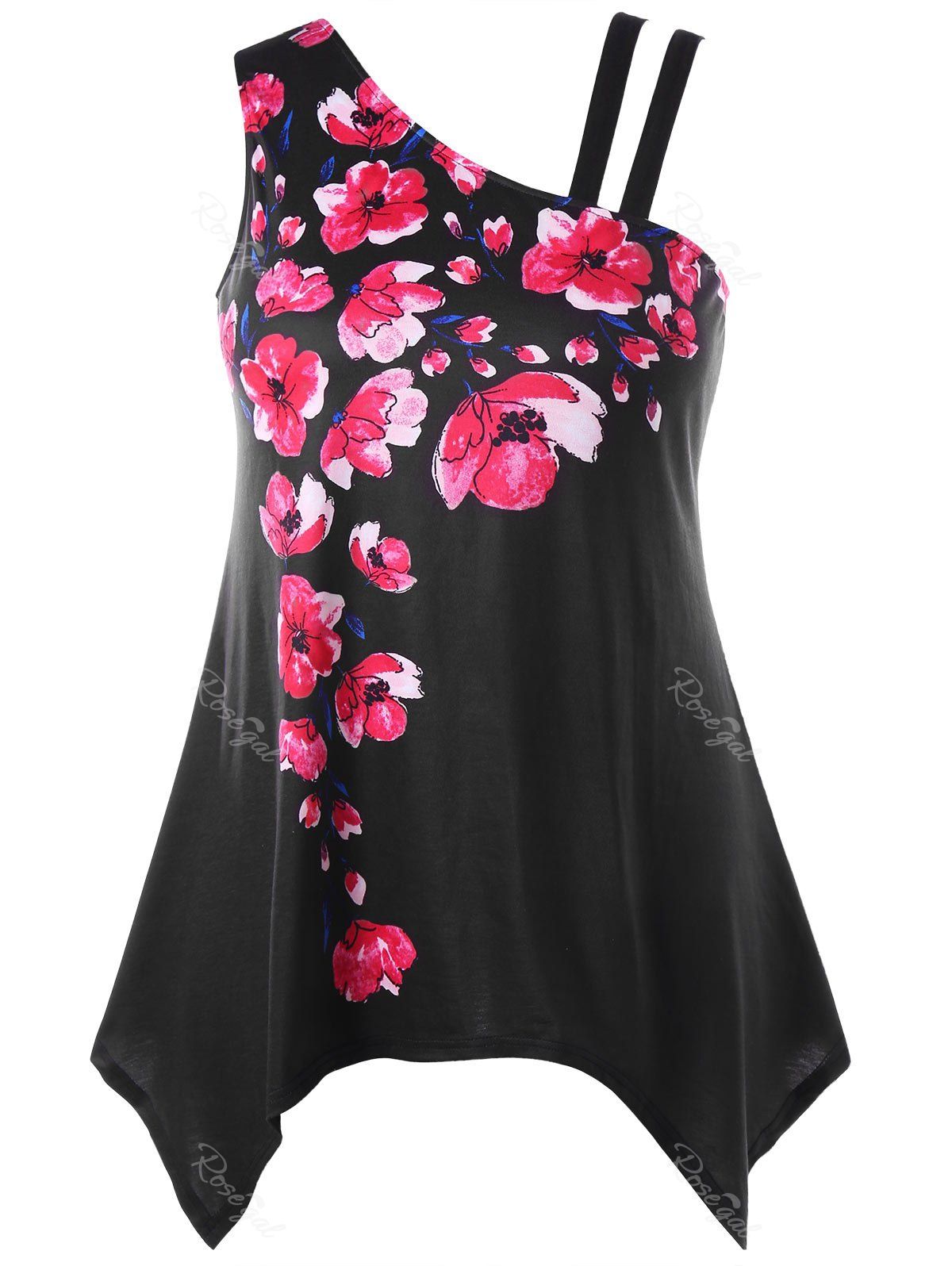 

Plus Size Floral Crescent Hem Tank Top, Black
