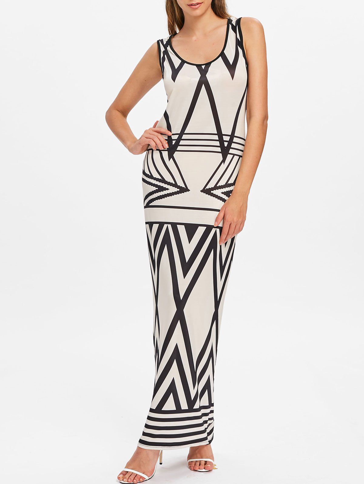 

Geometric Pattern Sccop Neck Longline Dress, Beige