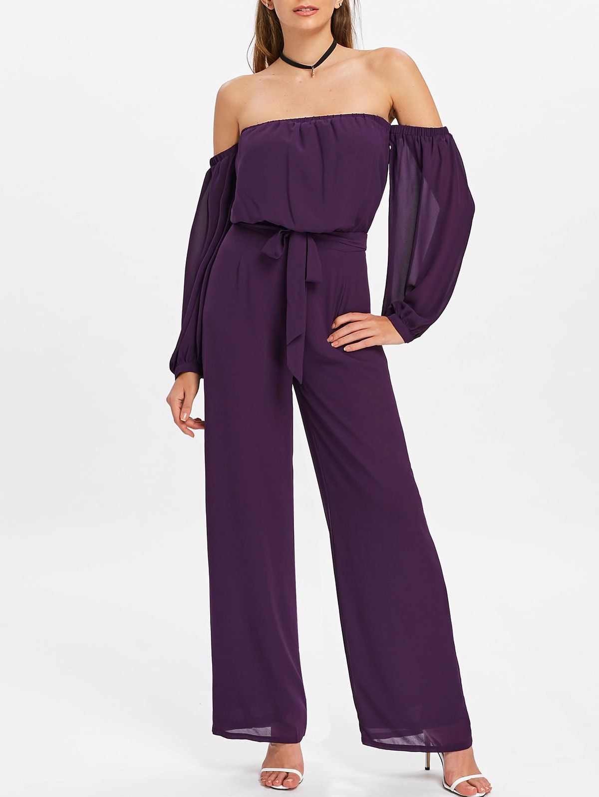 

Puff Sleeves Off Shoulder Palazzo Jumpsuit, Purple iris