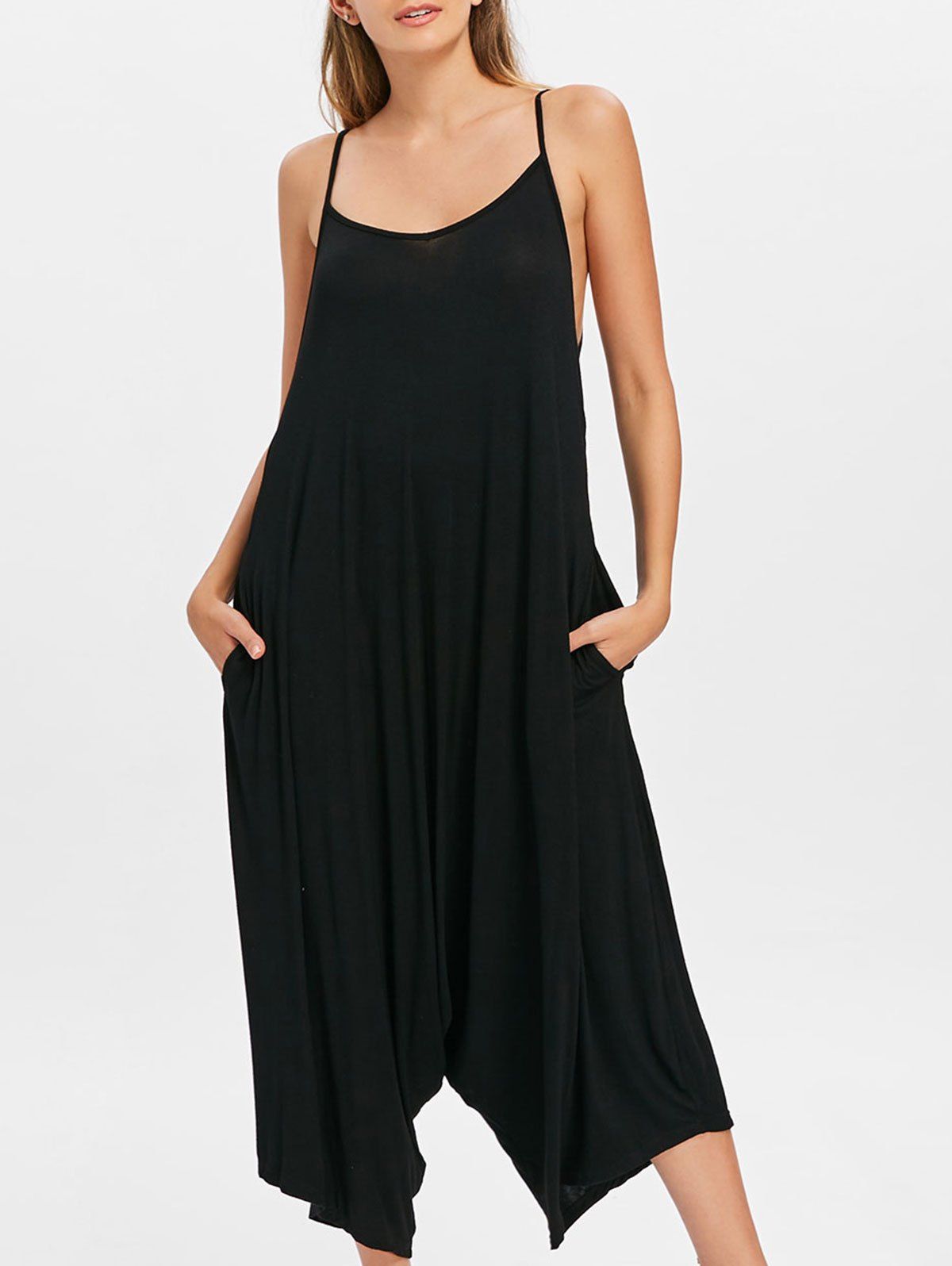 

Open Back Slip Pocket Jumpsuits, Black