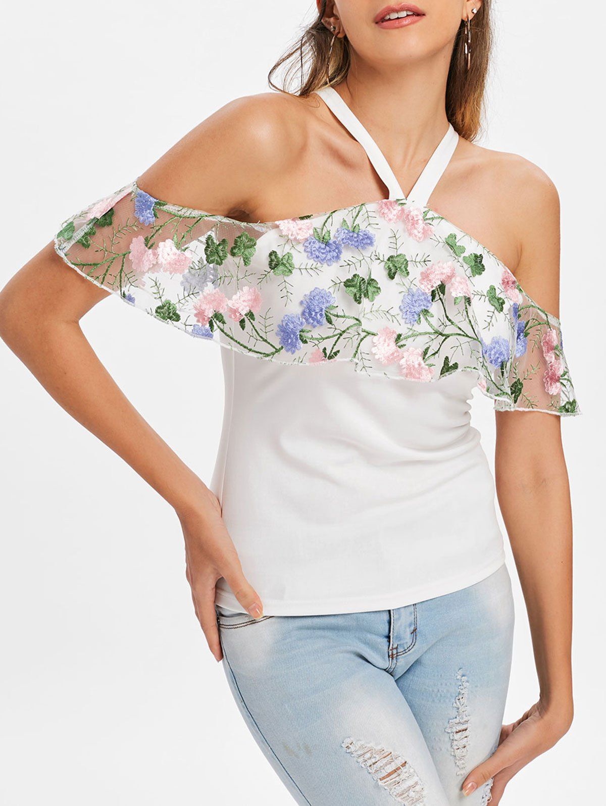 Trendy Flower Embroidery Ruffle T-shirt  