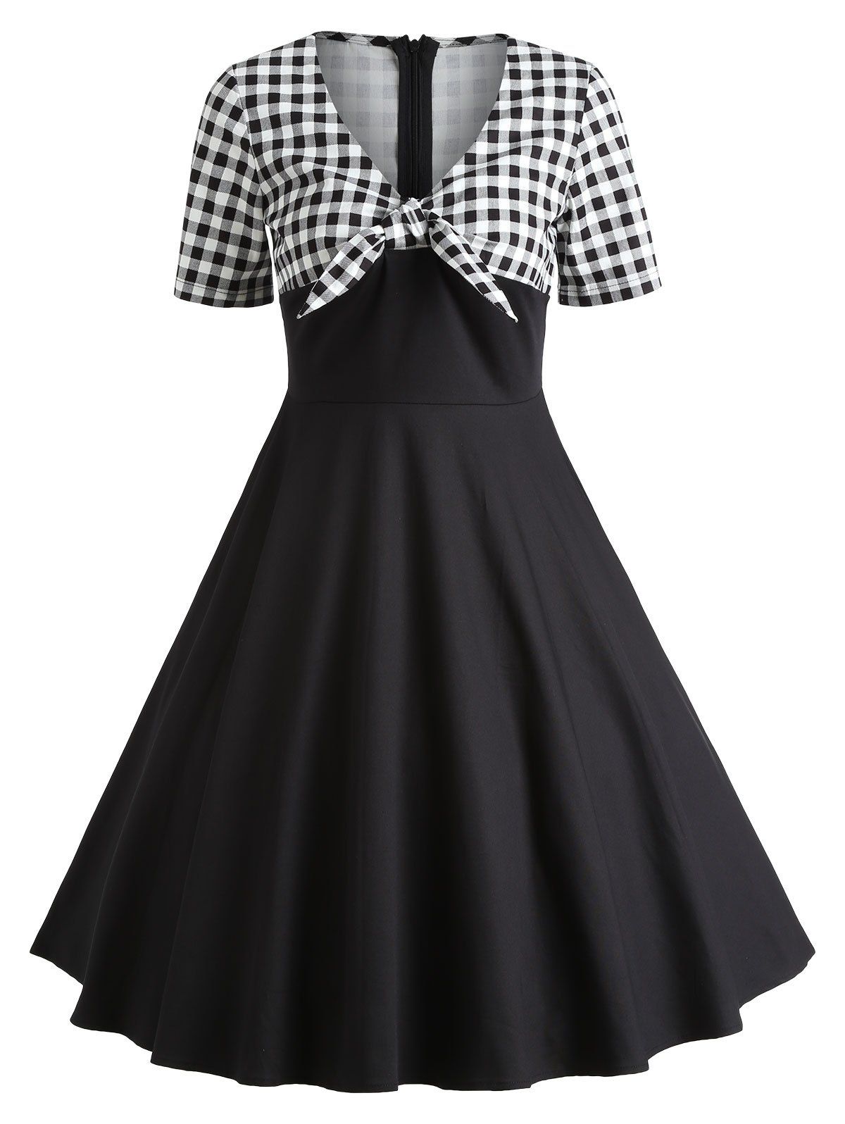 

Retro Checked Bowknot Party Skater Dress, Black