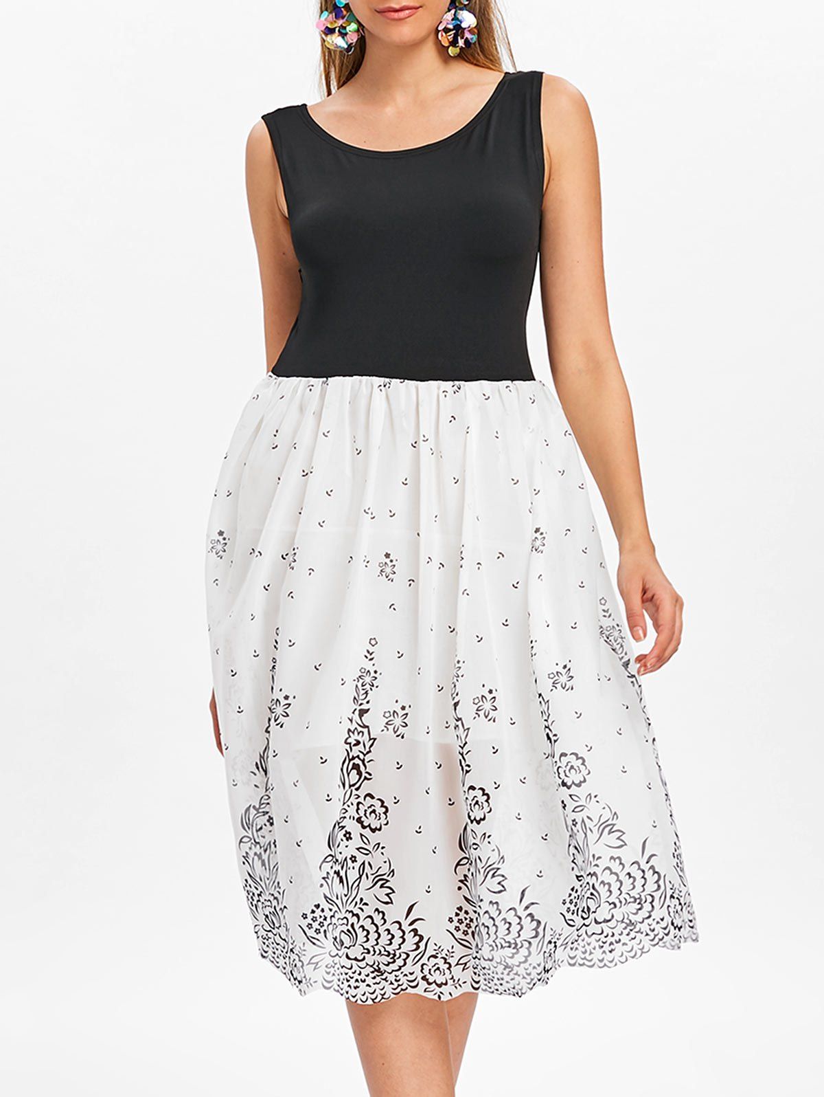 

Floral Print Sleeveless Flare Dress, Black