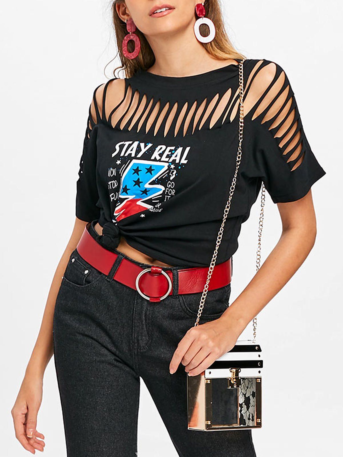 

Cut Out Ripped Graphic Tee, Black