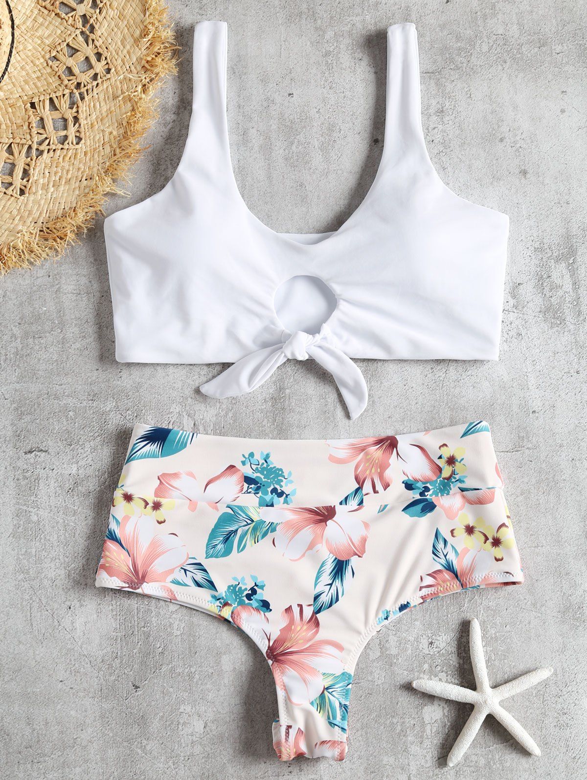 

High Rise Knotted Floral Scrunch Bikini Swimwear, White