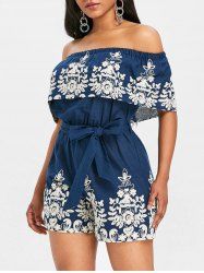 Off Shoulder Ruffle Embroidery Romper -  