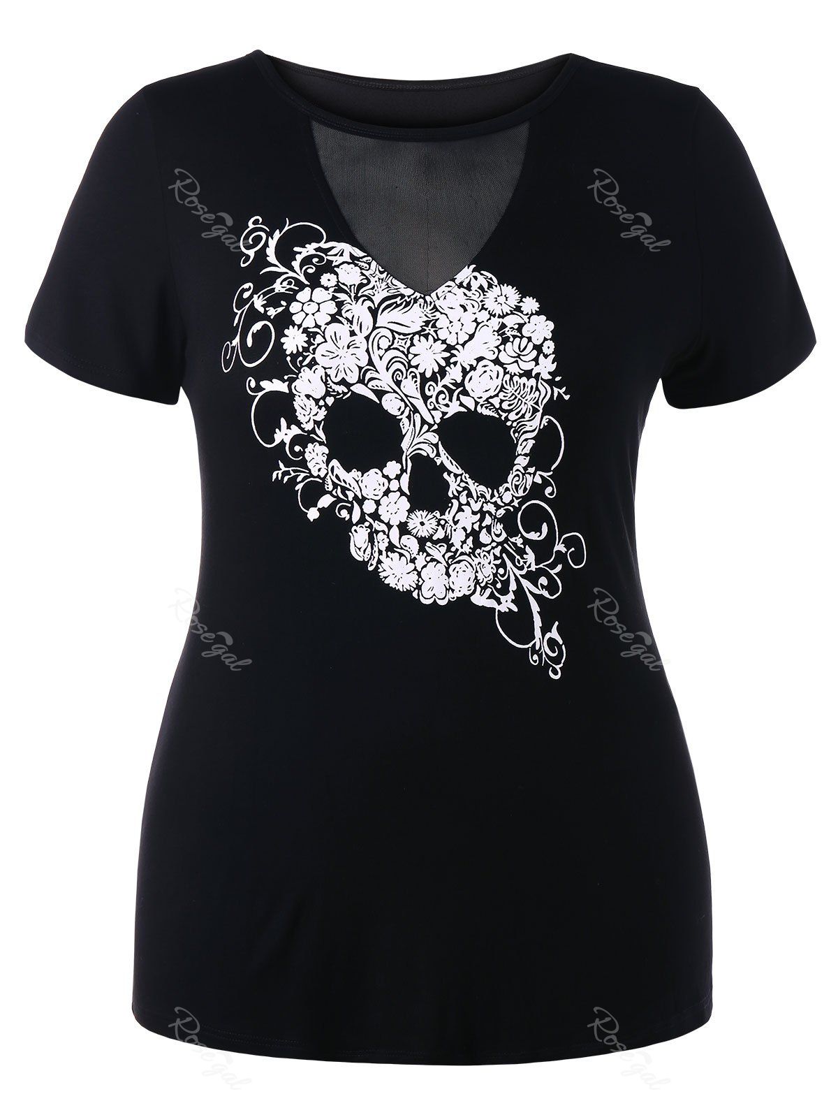 

Plus Size Mesh Panel Skull Print Graphic Tee, Black