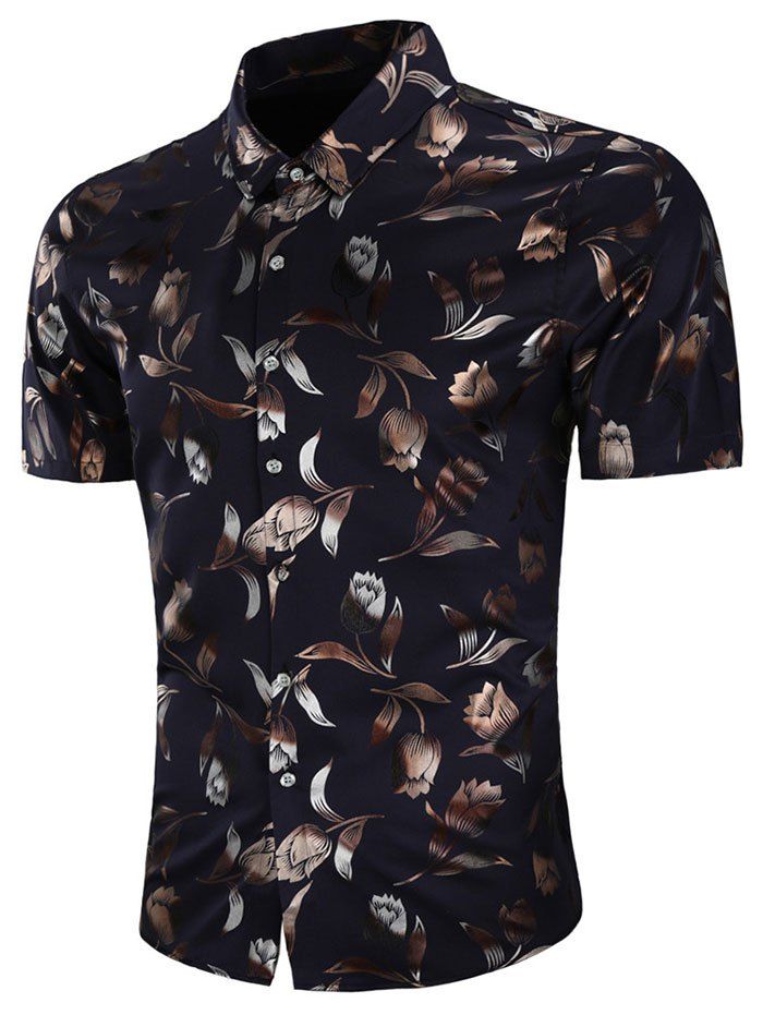 

Allover Rose Print Turn Down Collar Casual Shirt, Navy blue
