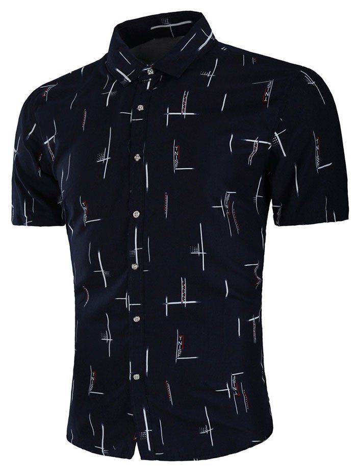 

Button Up Letter Vertical Line Print Casual Shirt, Navy blue