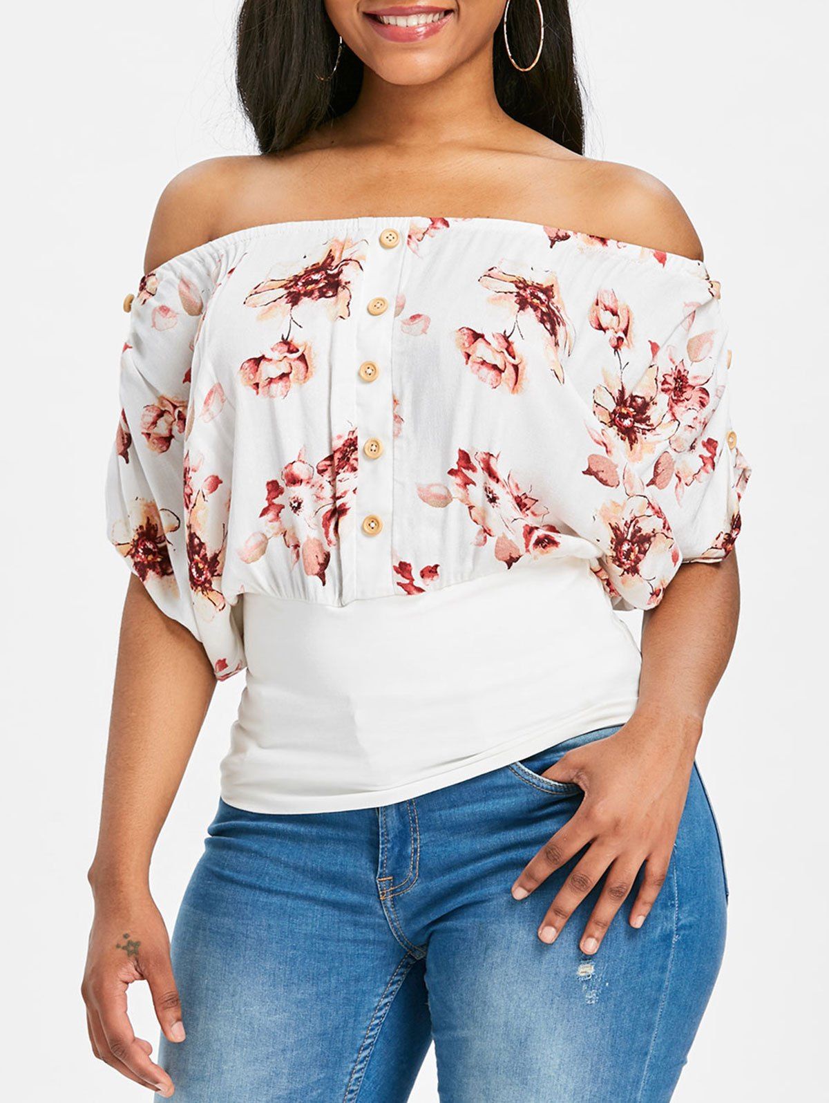 

Off Shoulder Button Floral Blouson Blouse, White