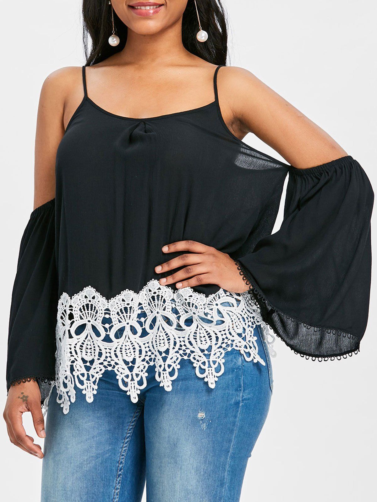 

Lace Trim Cold Shoulder Blouse, Black