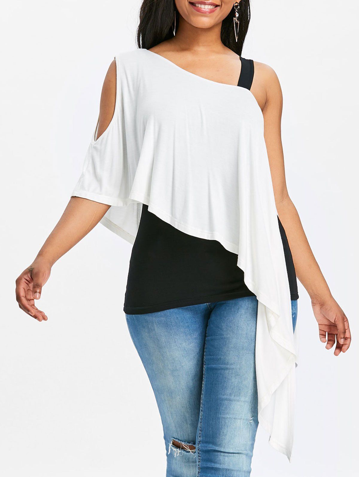 

Asymmetrical Skew Neck Overlay Tee, White