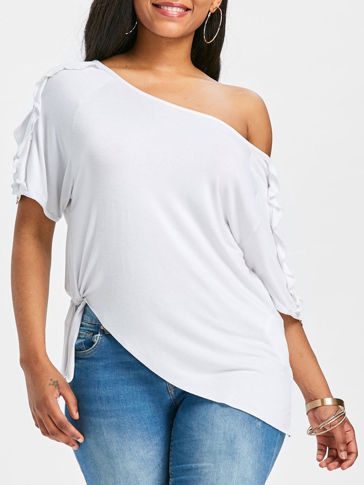 

Skew Neck Side Knot Asymmetrical T-shirt, White