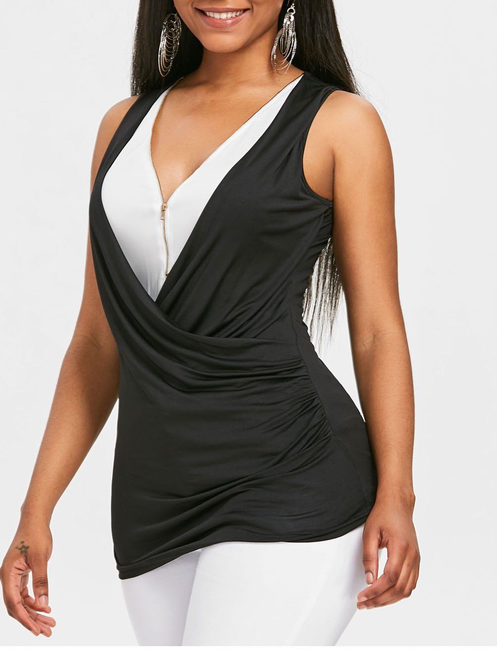 

Half Zipper Faux Wrap Tank Top, Black