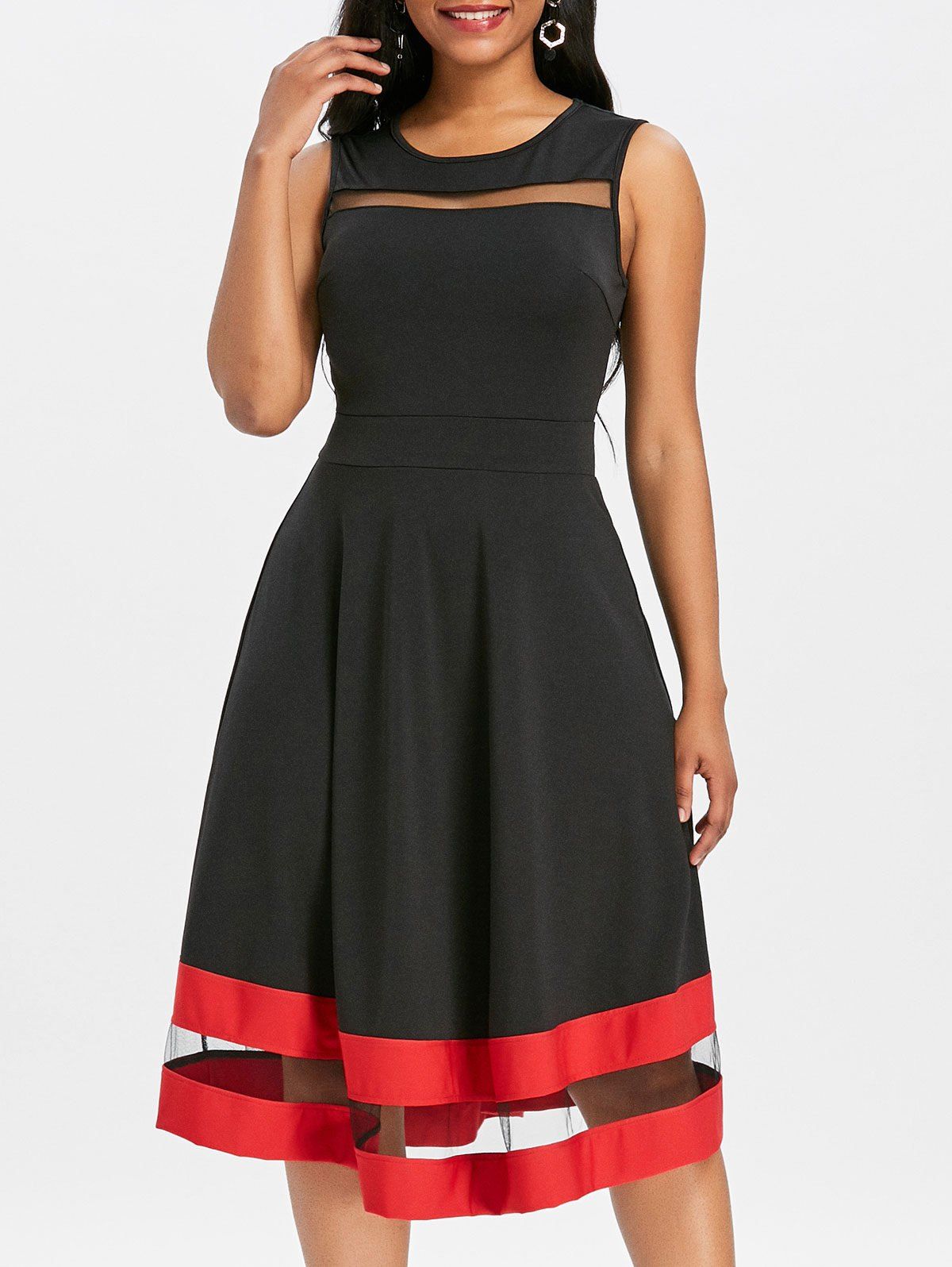 

Contrast Trim Mesh Panel Midi A Line Dress, Black