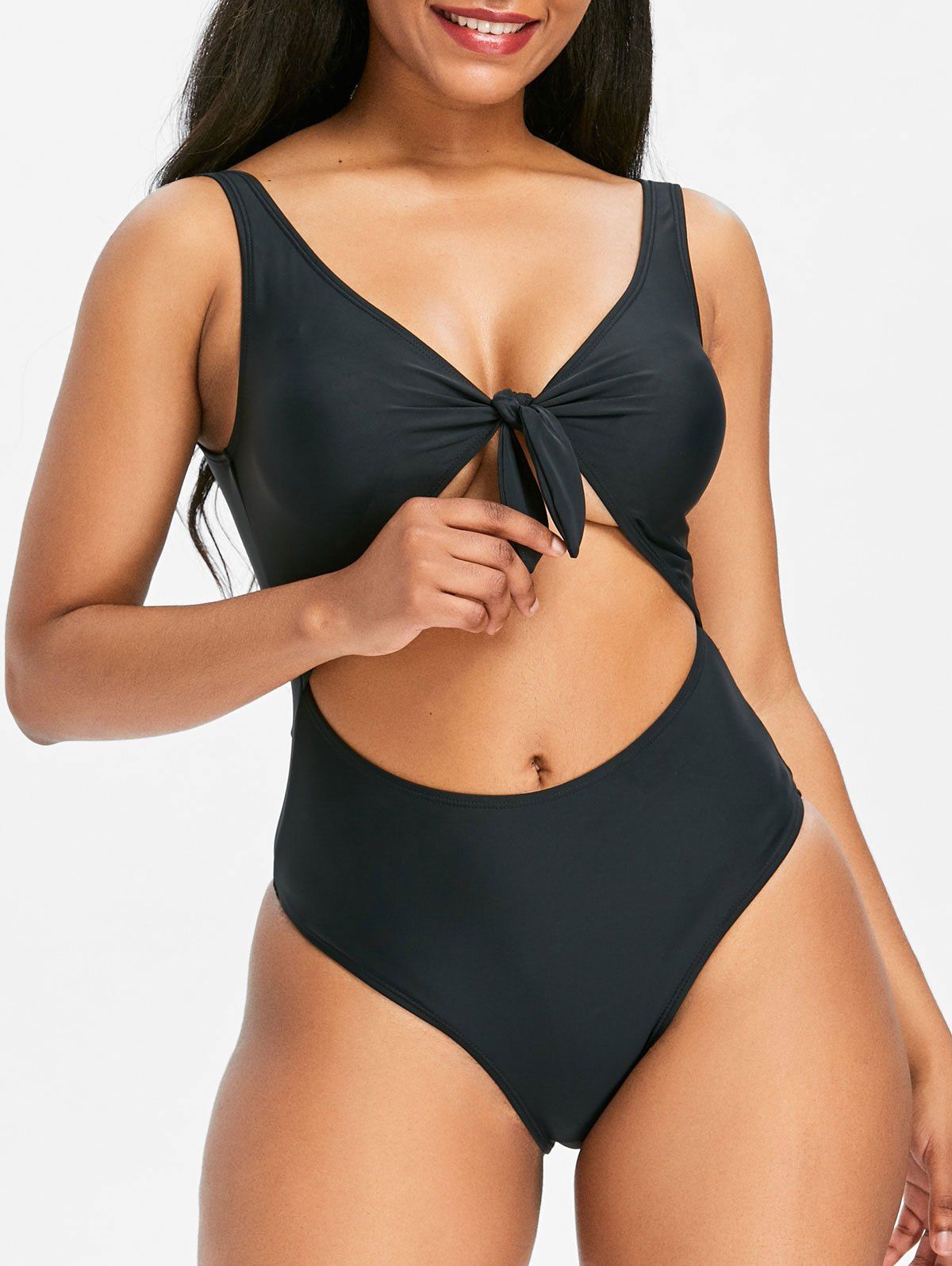 

One Piece Cut Out Tie Front Swimwear, Black