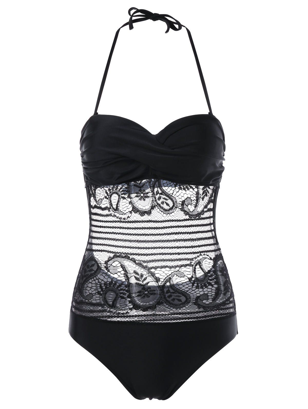 

One Piece Lace Panel Halter Swimwear, Black