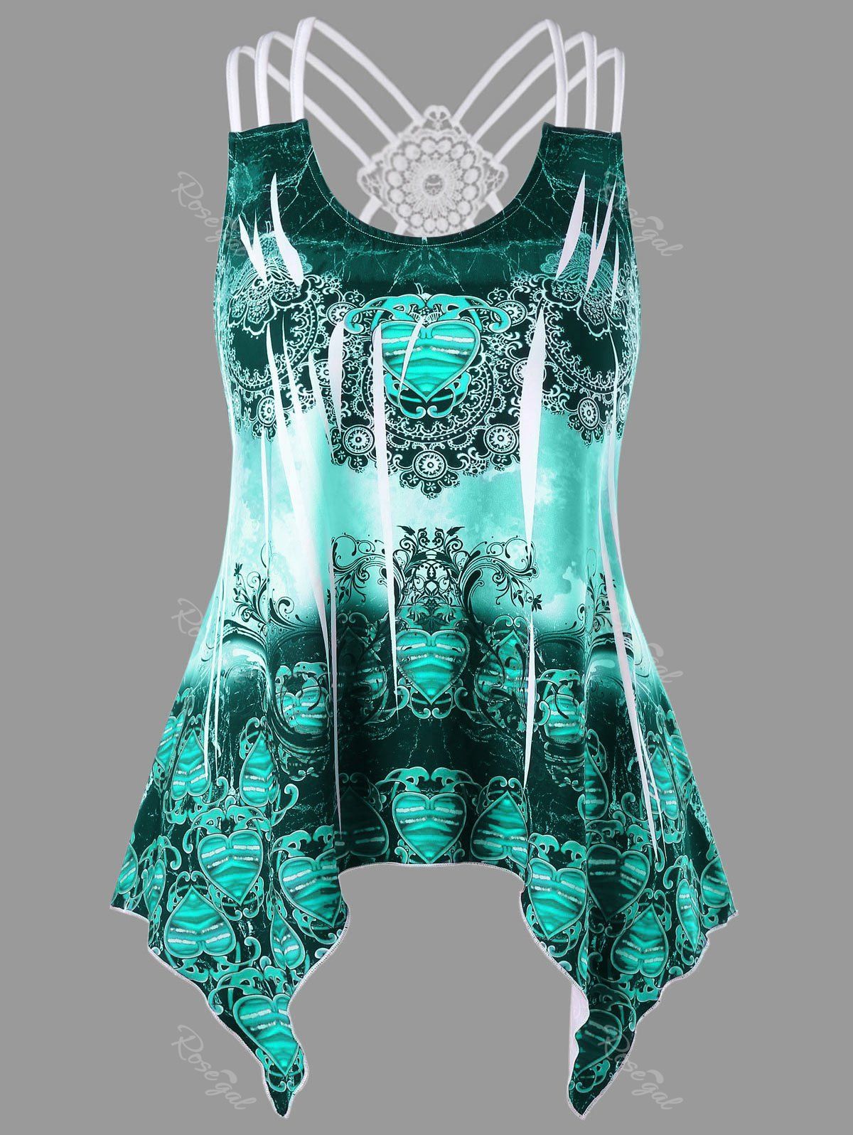 

Plus Size Tribal Print Criss Cross Asymmetric Tank Top, Light sea green