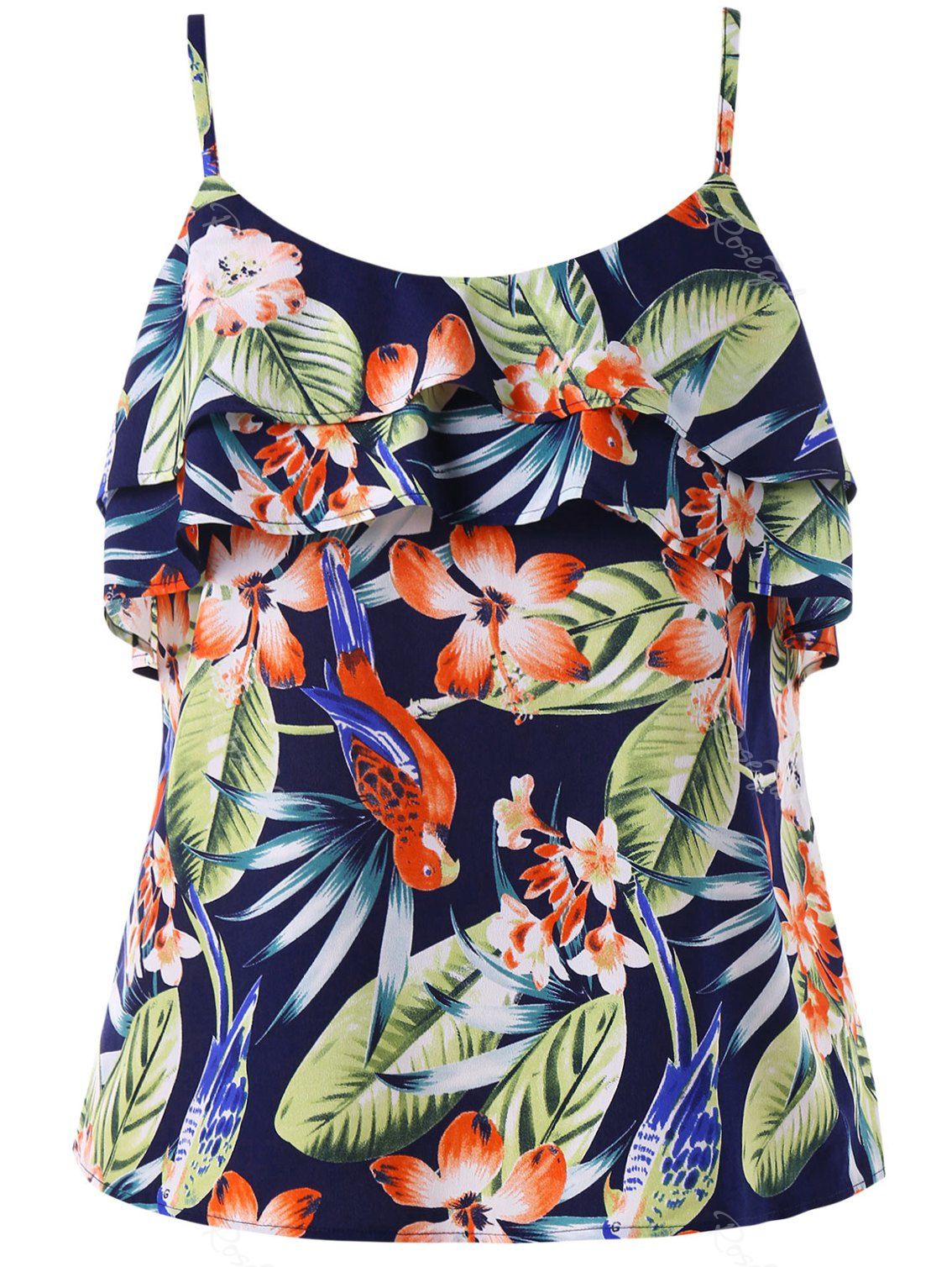 

Plus Size Spaghetti Strap Tropical Print Tank Top, Deep blue