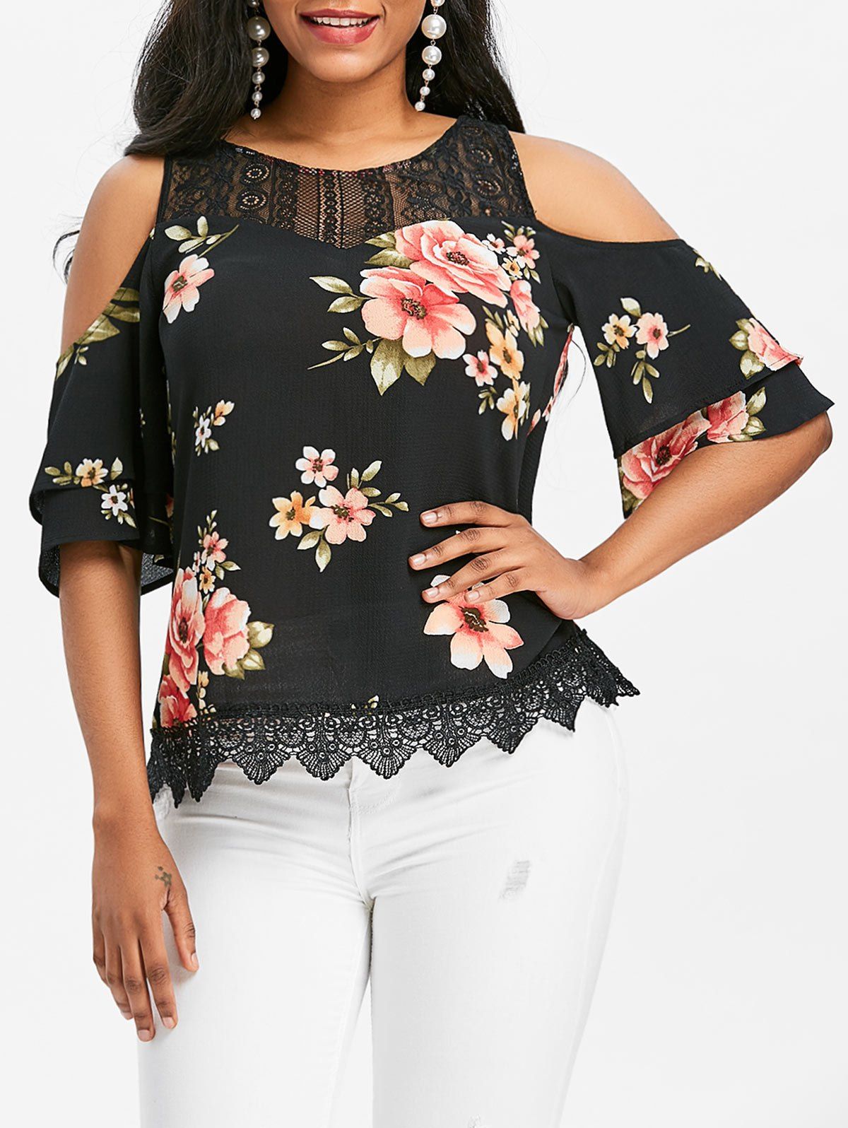 

Flower Print Lace Serrated Hem T-shirt, Multi
