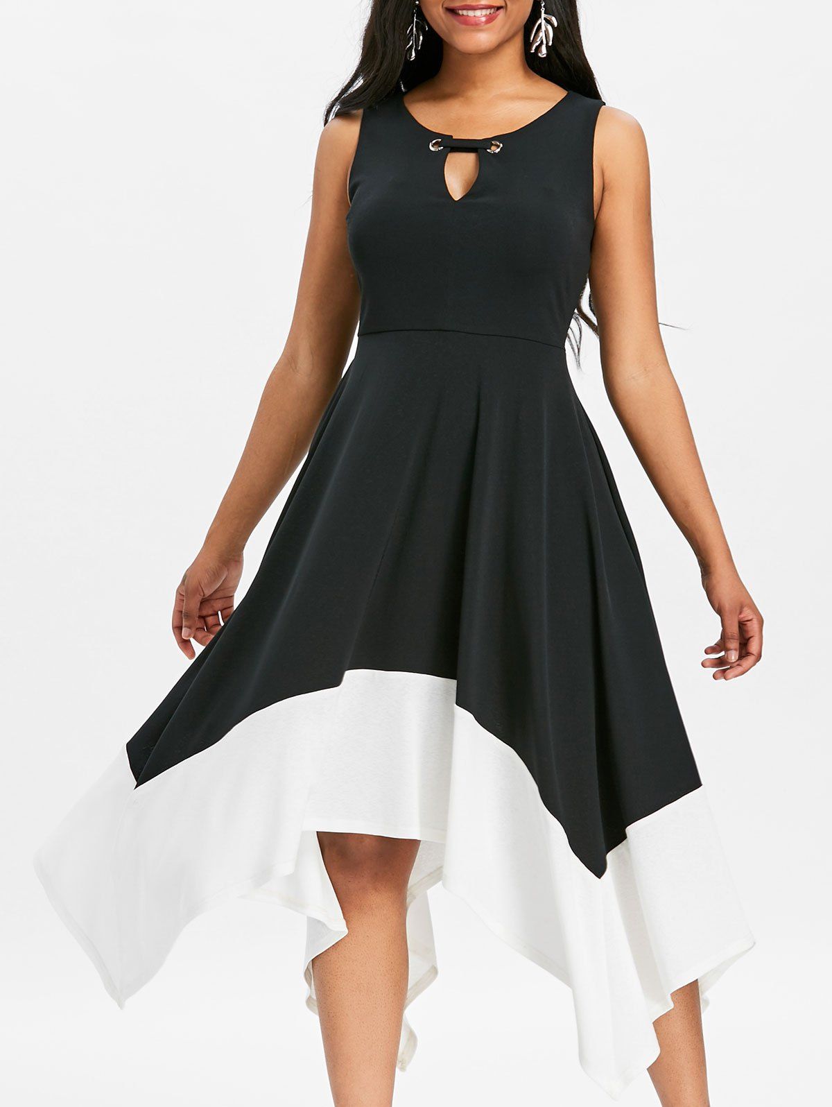 

Asymmetrical Keyhole Two Tone Midi Dress, Black