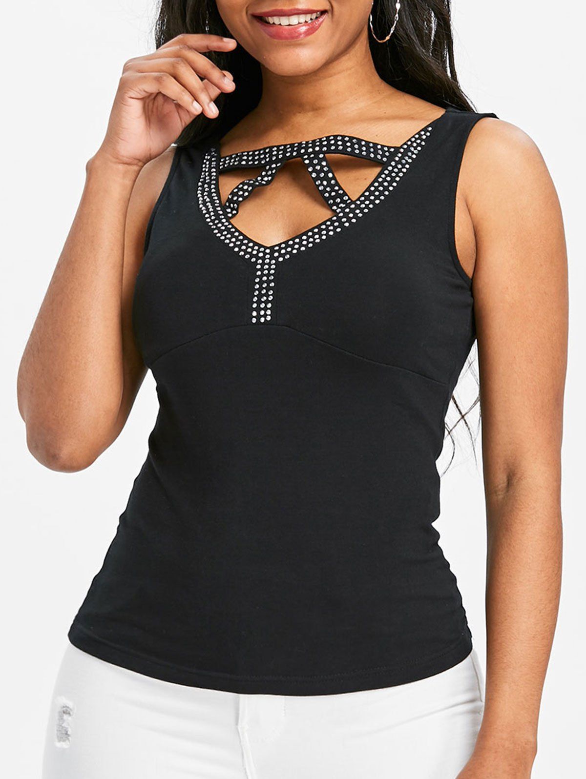 

Hollow Out Beaded Fitted Tank Top, Black