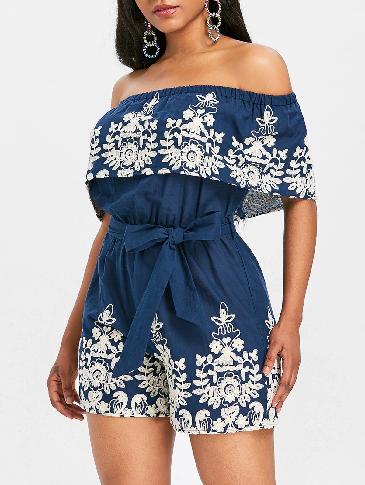 

Off Shoulder Ruffle Embroidery Romper, Navy blue