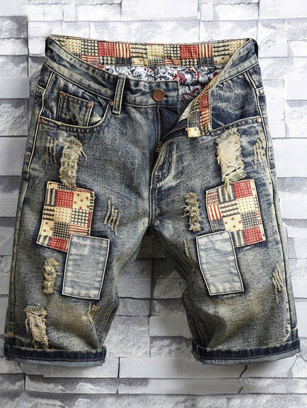 

Applique Zipper Fly Destroyed Denim Shorts, Battleship gray