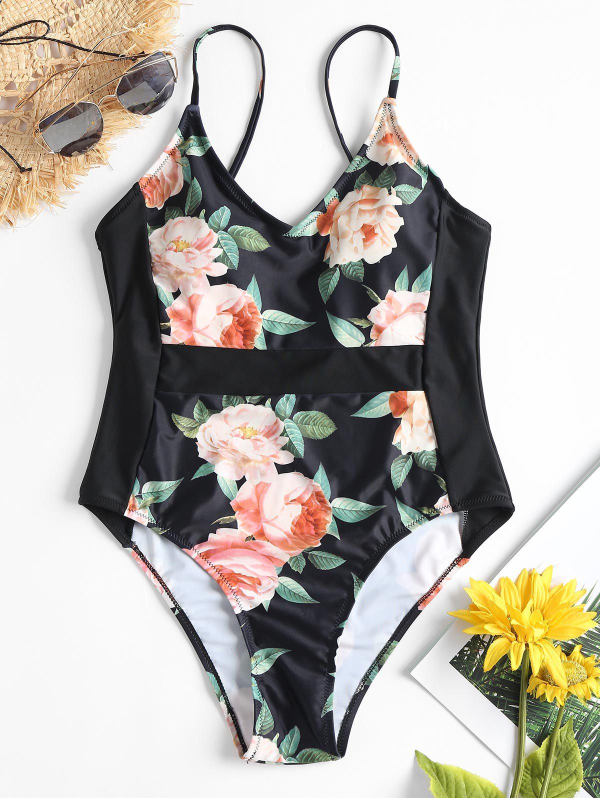 

Backless Floral One-piece Swimsuit, Black