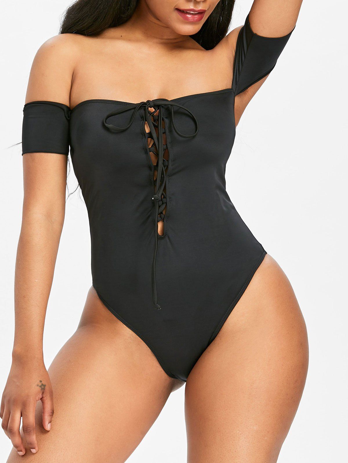 

Off Shoulder Hollow Out Criss Cross One-pieceSwimwear, Black
