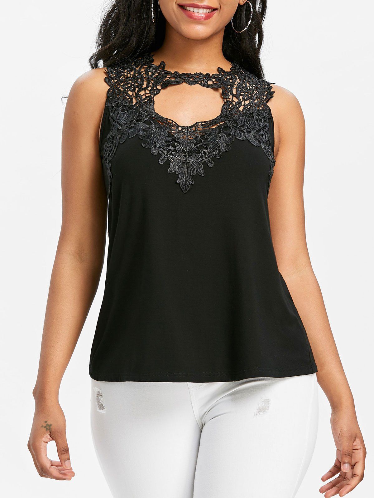 

Lace Crochet Applique Tank Top, Black