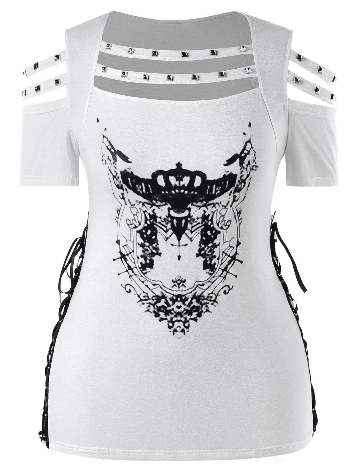 

Plus Size Cold Shoulder Lace Up T-shirt, Milk white