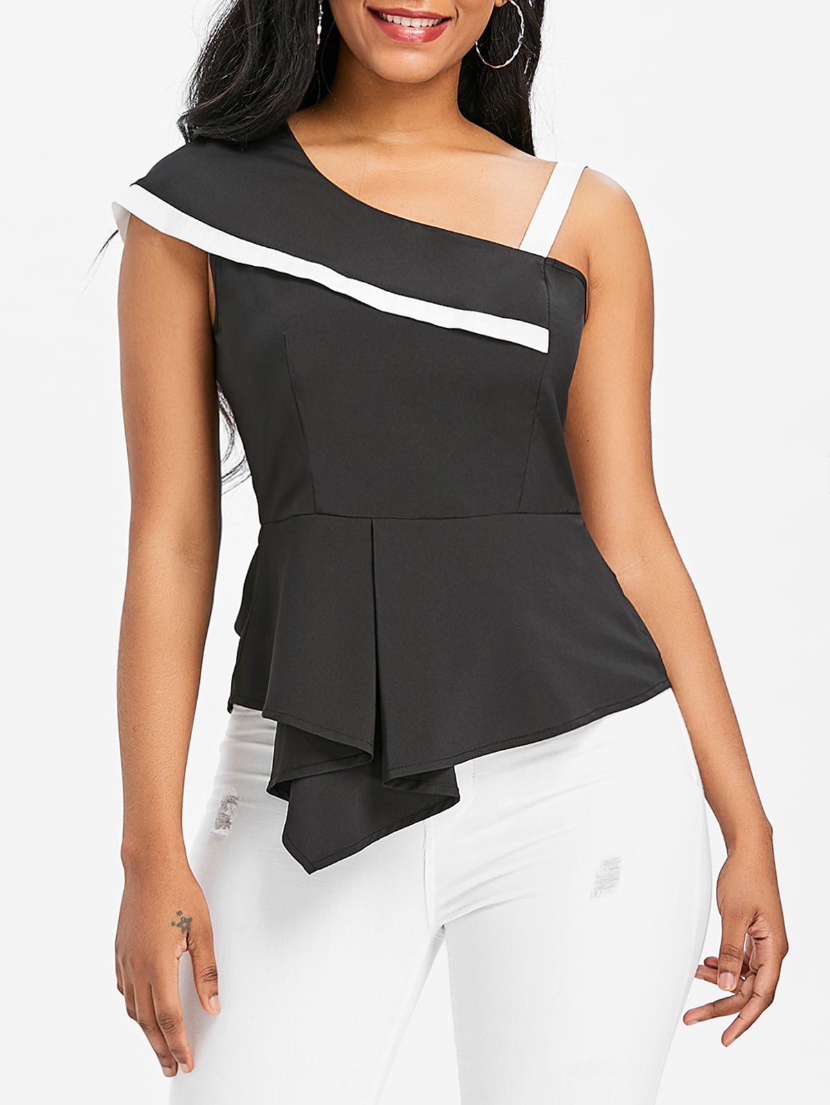 

Asymmetrical One Shoulder Peplum Blouse, Black