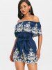 Off Shoulder Ruffle Embroidery Romper -  