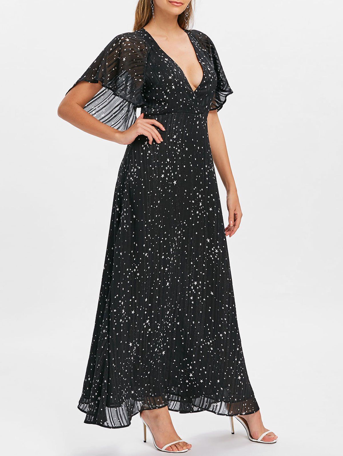 

Plunge Cut Out Stars Print Maxi Party Dress, Black