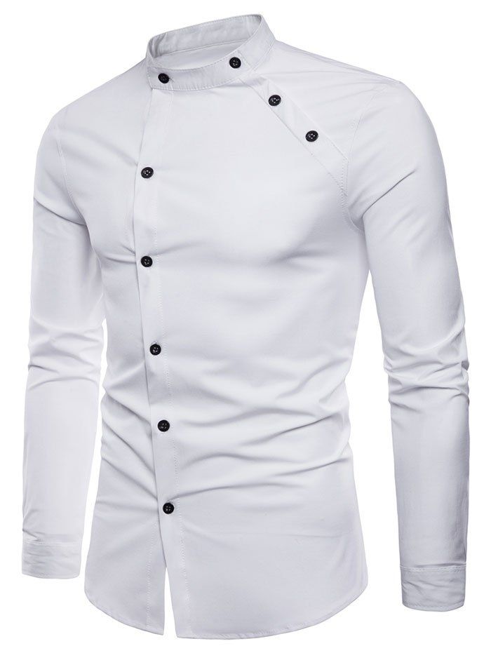 

Long Sleeve Stand Collar Oblique Button Design Shirt, White